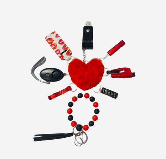 Black and Red Silicone Bead Safety and Accessory Keychain Set