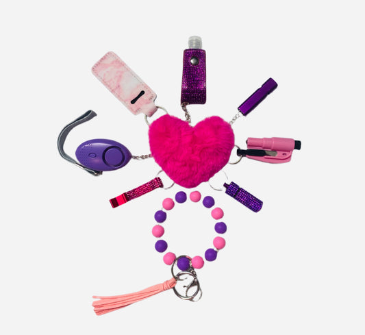 Purple and Pink Silicone Bead Safety and Accessory Keychain Set