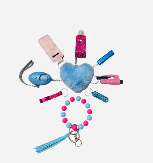 Teal and Pink Silicone Bead Safety and Accessory Keychain Set