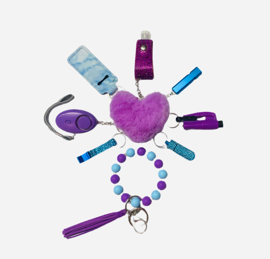 Purple and Teal Silicone Bead Safety and Accessory Keychain Set