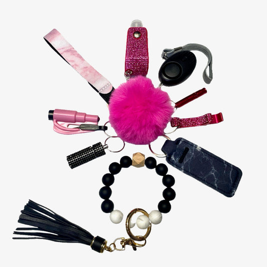 Pink and Black Silicone Bead Safety and Accessory Keychain Set