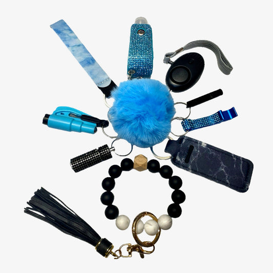 Blue and Black Silicone Bead Safety and Accessory Keychain Set