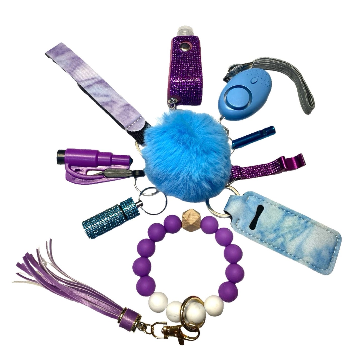 Purple and Blue Silicone Beads Color Mix Safety and Accessory Keychain Set