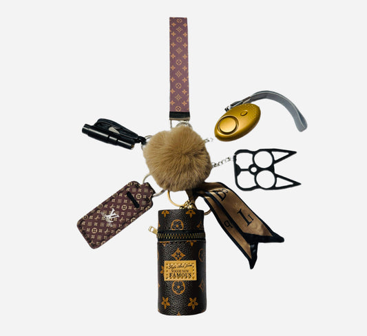 "Brown LV Stylish Wristlet" Safety and Accessory Keychain Set