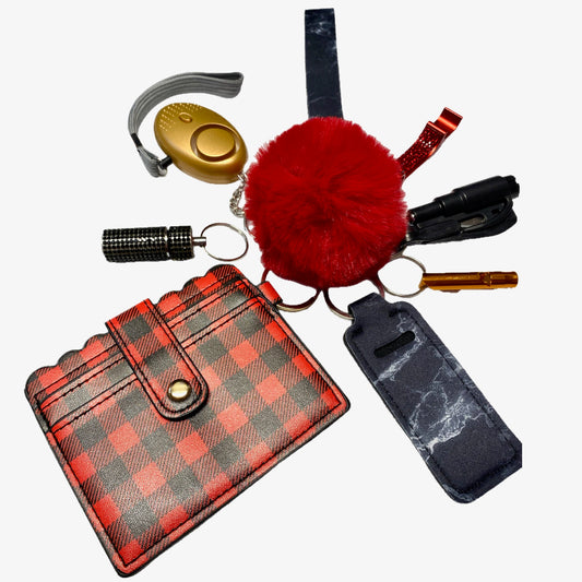 Christmas Themed Plaid Red, Black and Gold Safety and Accessory Keychain Set