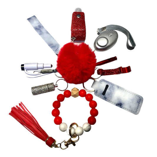 Christmas Themed Red and Silver Safety and Accessory Keychain Set