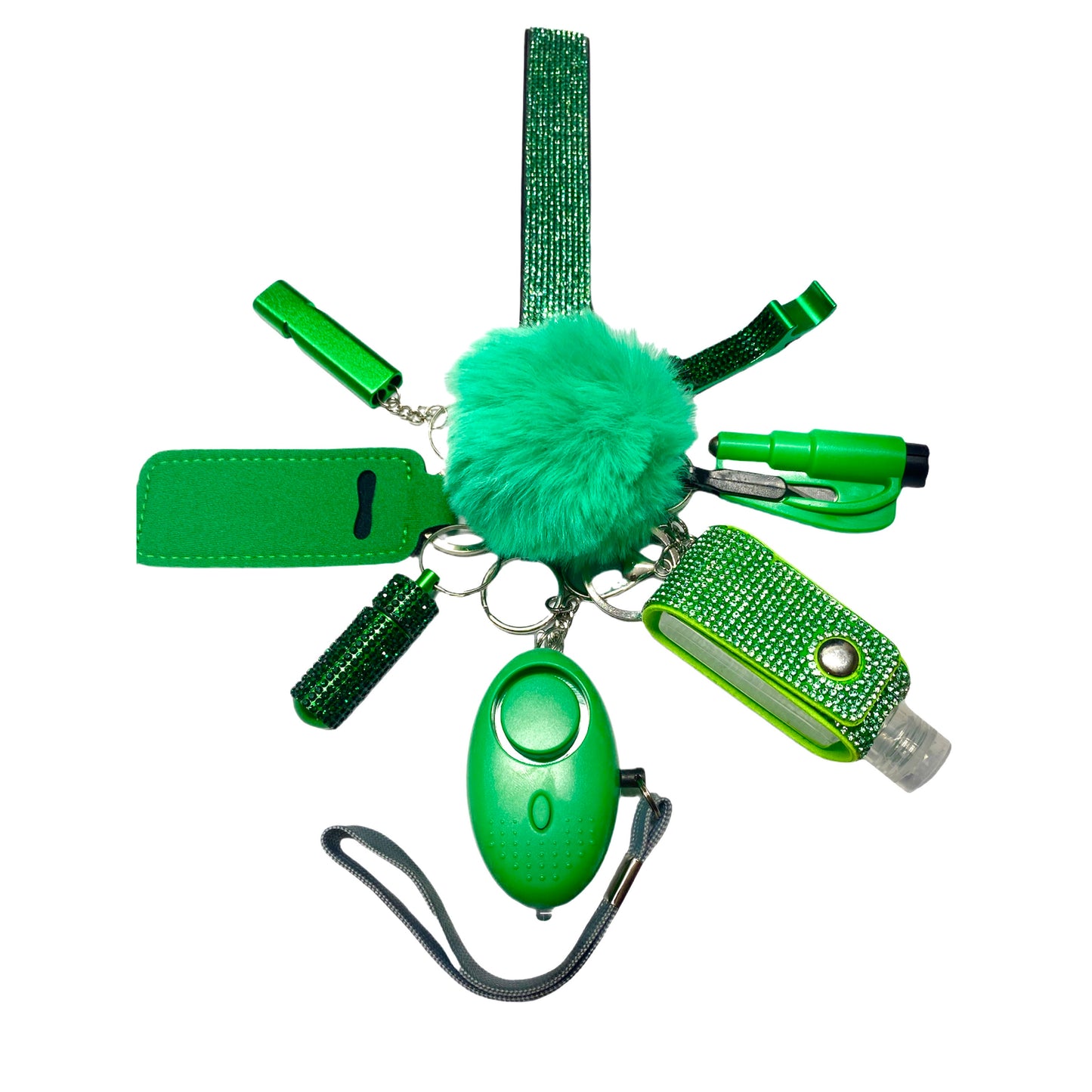 Green Safety and Accessory Keychain Set w/ Bling Wristlet