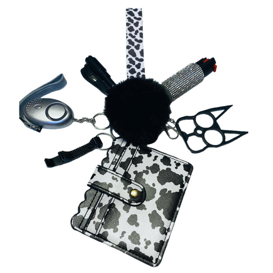 8 Piece Cow Print Specialty Self Defense Keychain Set & Accessories