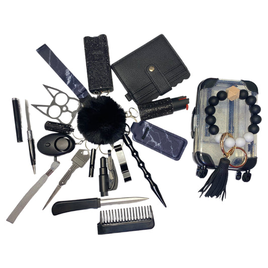 Black 18 Piece Self Defense Keychain Set & Accessories