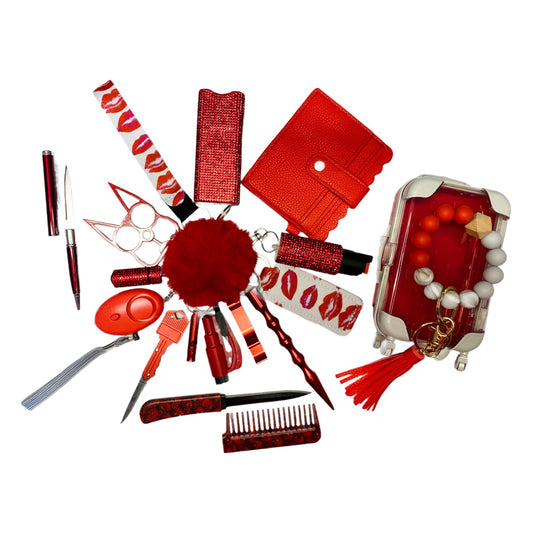 Red 18 Piece Self Defense Keychain Set & Accessories