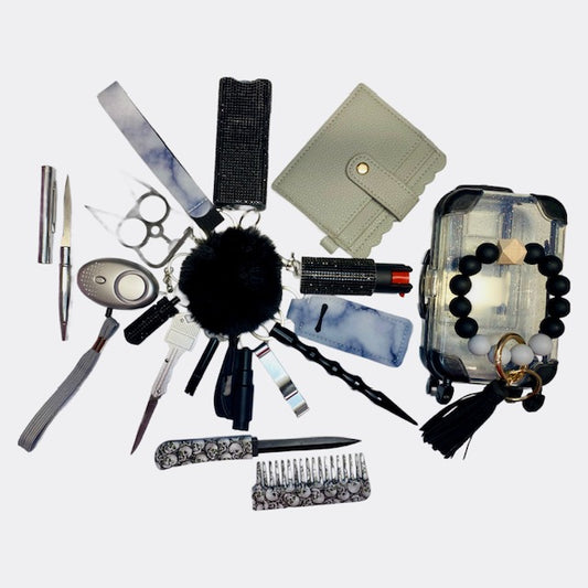 Bling Black & Silver Mixture 18 Piece Self Defense Keychain Set & Accessories