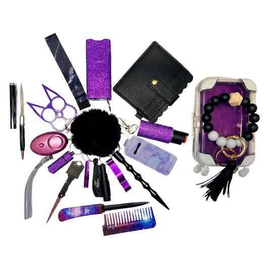 Bling Purple & Black Mixture 18 Piece Self Defense Keychain Set & Accessories