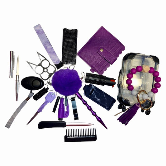 Bling Black & Purple Mixture 18 Piece Self Defense Keychain Set & Accessories