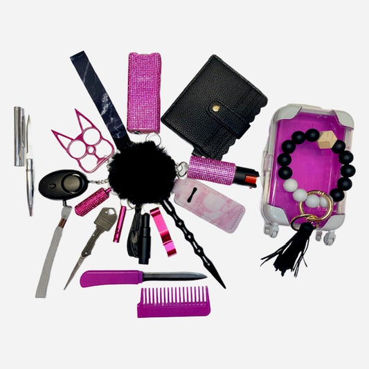 Bling Pink & Black Mixture 18 Piece Self Defense Keychain Set & Accessories