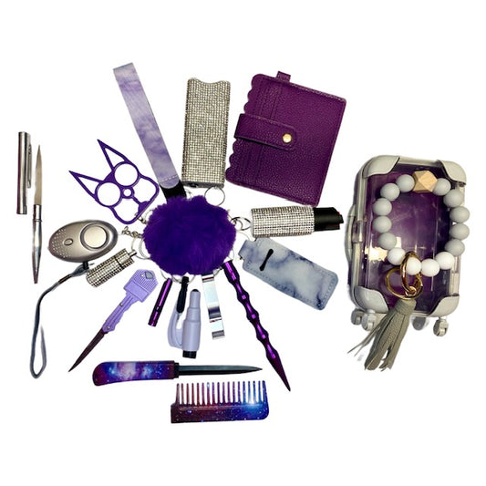 Bling Silver & Purple Mixture 18 Piece Self Defense Keychain Set & Accessories