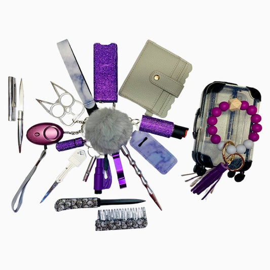 Bling Purple & Silver Mixture 18 Piece Self Defense Keychain Set & Accessories