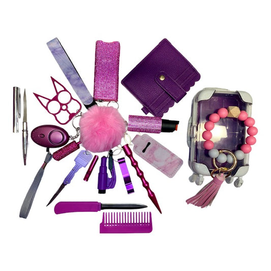 Bling Pink & Purple Mixture 18 Piece Self Defense Keychain Set & Accessories