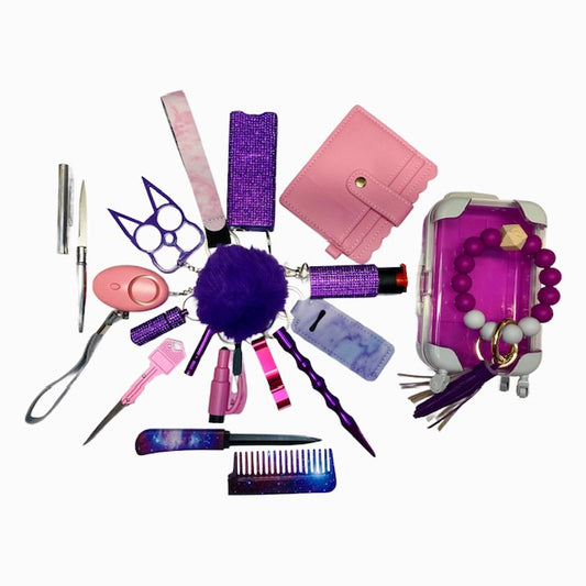 Bling Purple & Pink Mixture 18 Piece Self Defense Keychain Set & Accessories