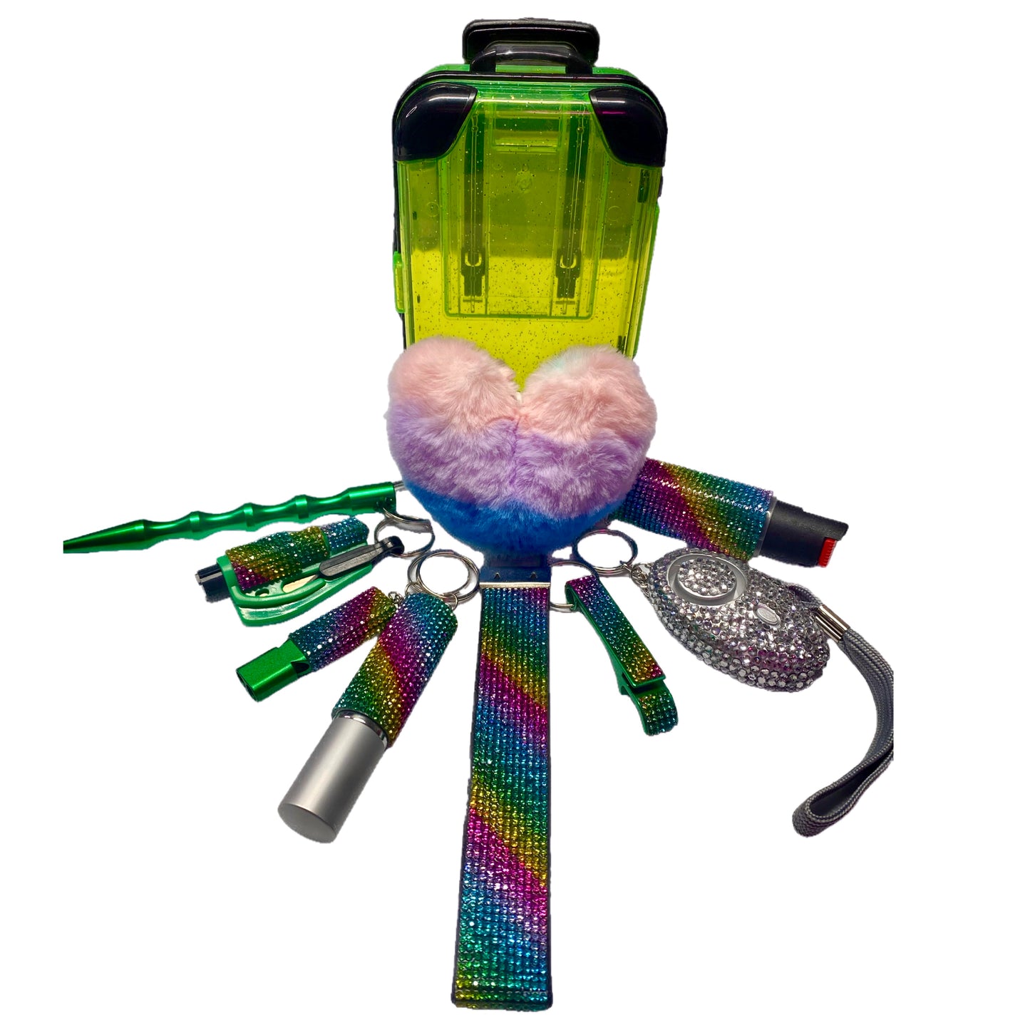 10 Piece Rainbow Bling Self Defense Keychain Set & Accessories