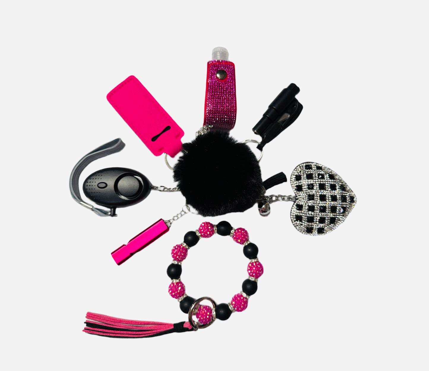 Pink and Black Silicone Bead Safety and Accessory Keychain Set