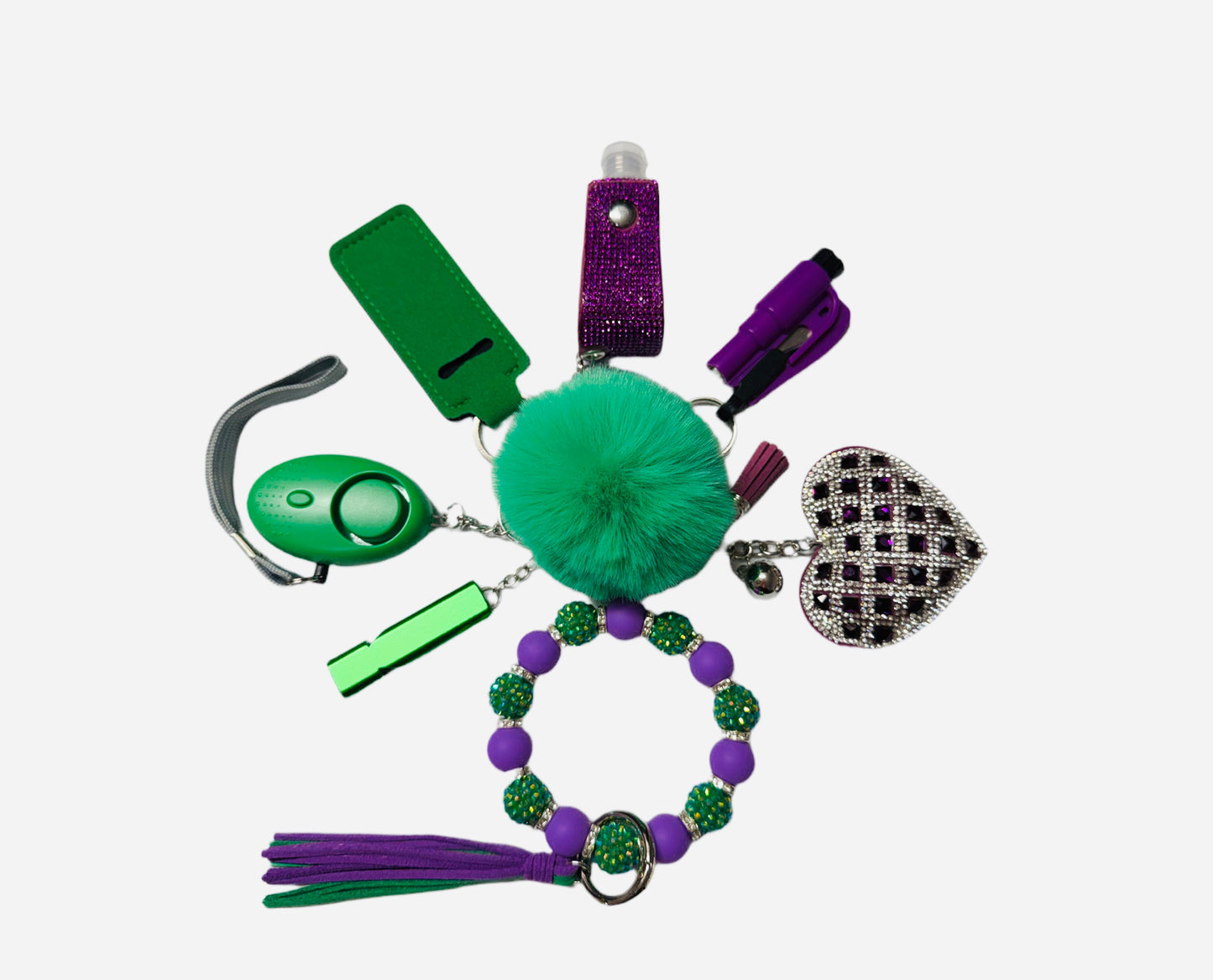 Purple and Green Silicone Bead Safety and Accessory Keychain Set