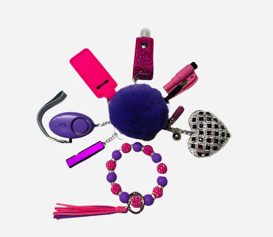 Purple and Pink Silicone Bead Safety and Accessory Keychain Set