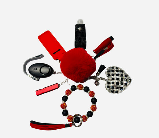 Red and Black Silicone Bead Safety and Accessory Keychain Set