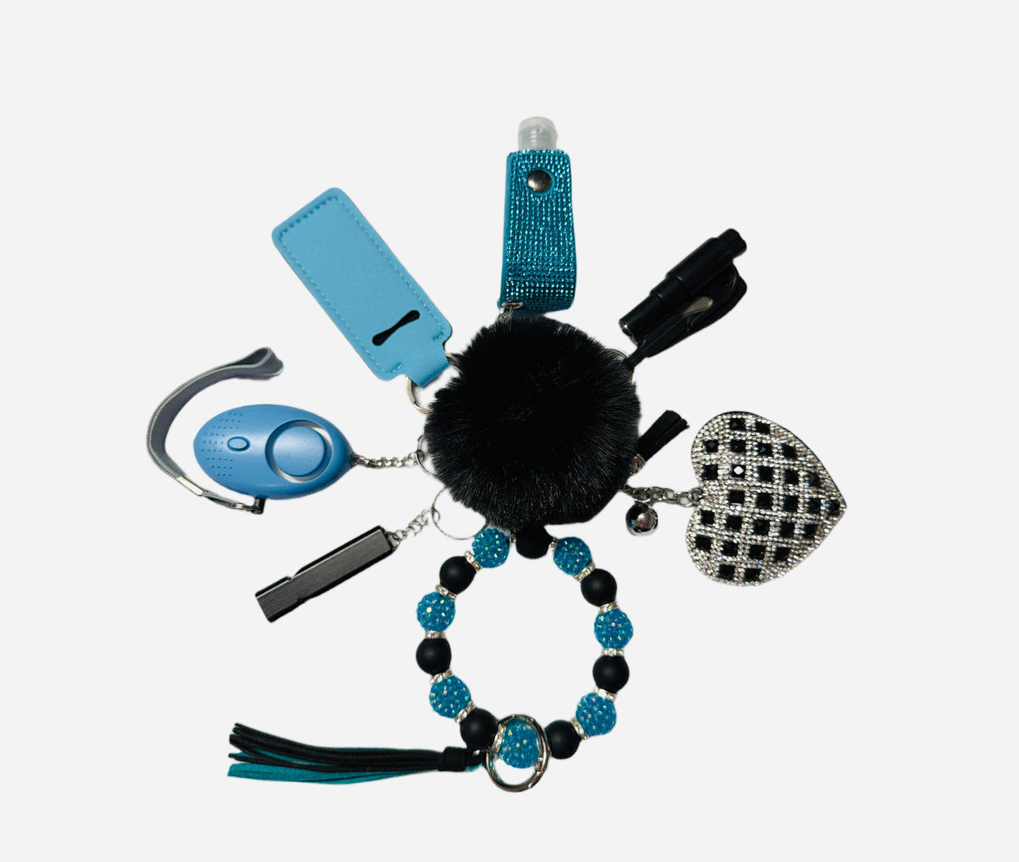 Teal and Black Silicone Bead Safety and Accessory Keychain Set