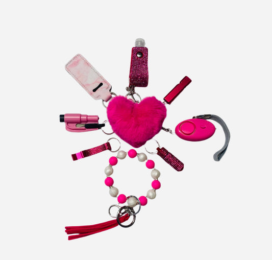 Pink Silicone Bead Safety and Accessory Keychain Set