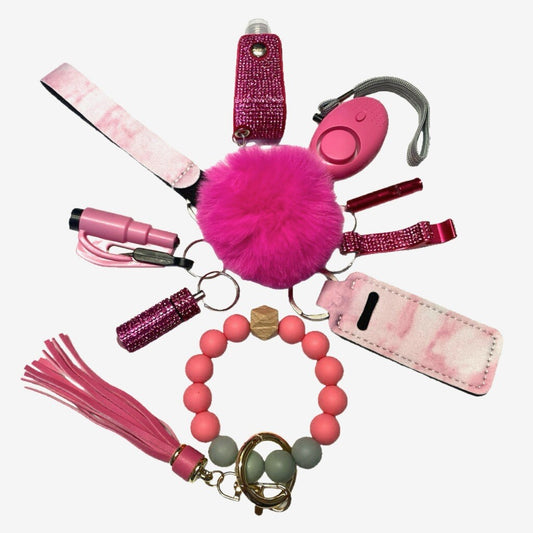 Pink Silicone Beads Safety and Accessory Keychain Set