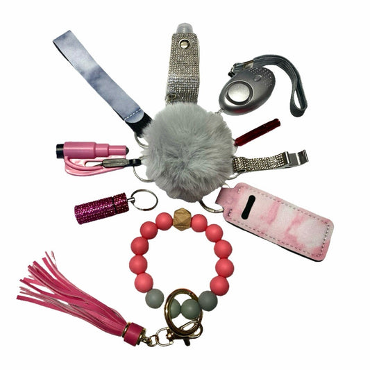 Pink and Silver Color Mix w/ Silicone Beads Safety and Accessory Keychain Set