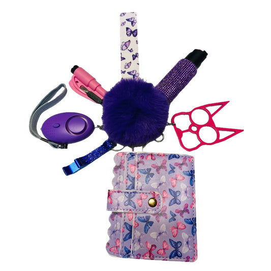 8 Piece Purple, Pink and Blue Butterfly Specialty Self Defense Keychain Set & Accessories