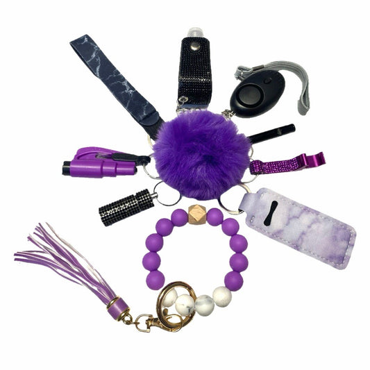 Black and Purple Silicone Bead Safety and Accessory Keychain Set