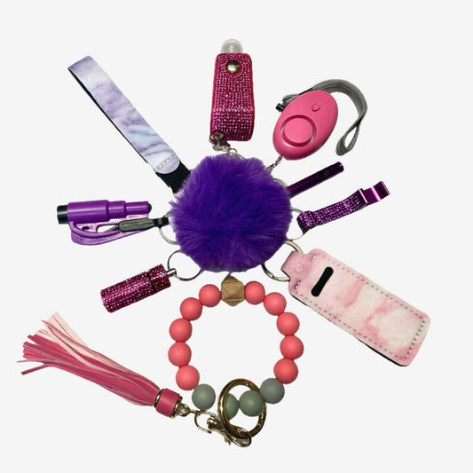 Pink and Purple Color Mix w/ Silicone Beads Safety and Accessory Keychain Set