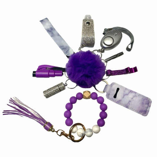 Purple and Silver Silicone Bead Safety and Accessory Keychain Set