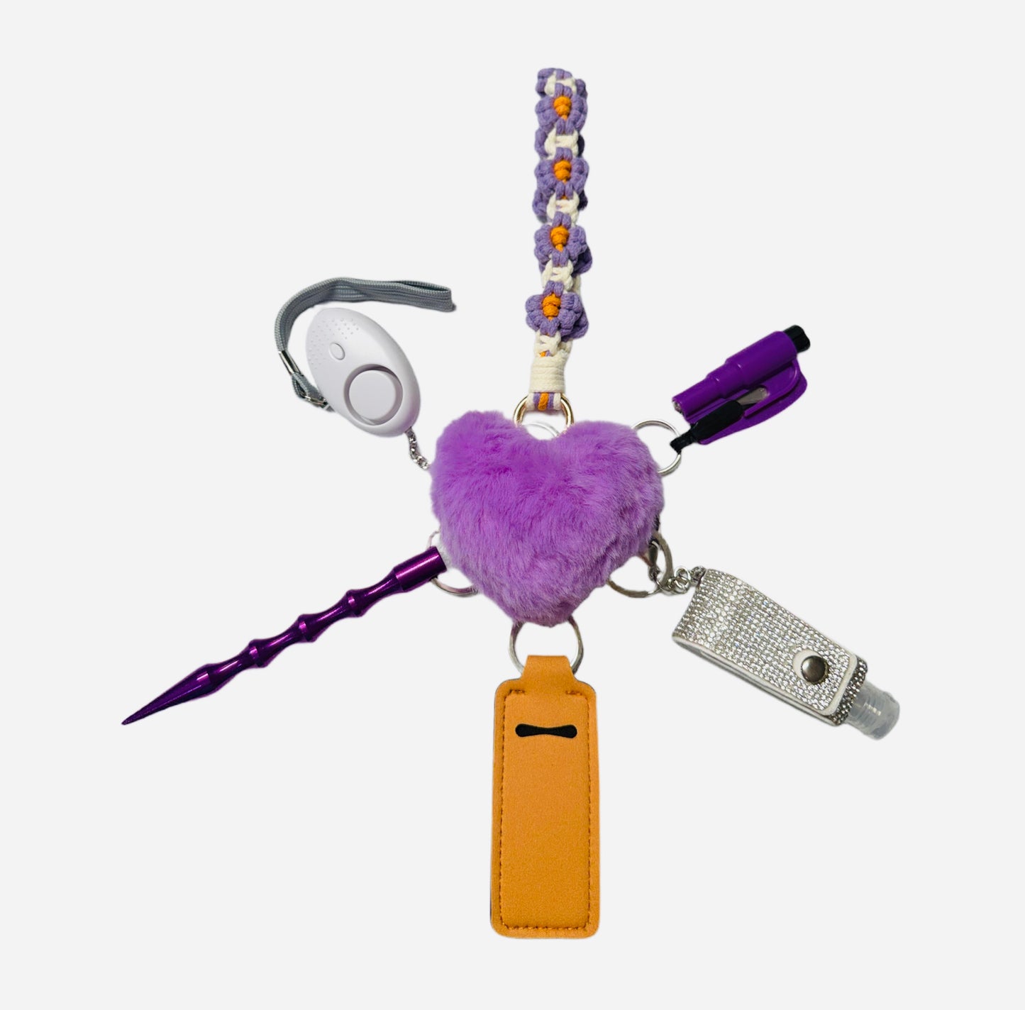 "Purple, White and Orange Crochet" Safety and Accessory Keychain Set