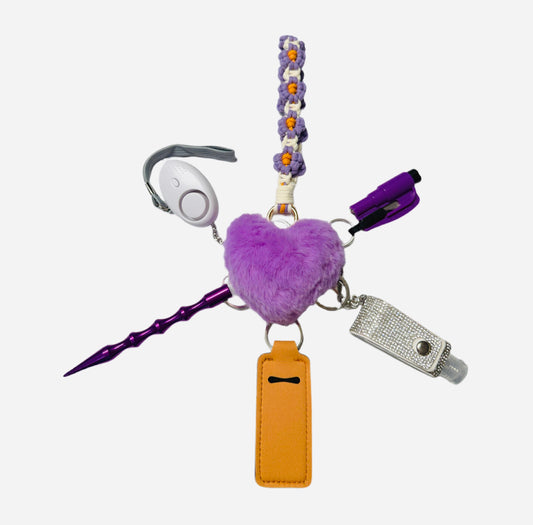 "Purple, White and Orange Crochet" Safety and Accessory Keychain Set