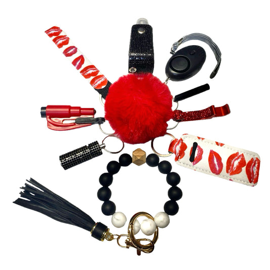 Red and Black Color Mix w/ Silicone Beads Safety and Accessory Keychain Set