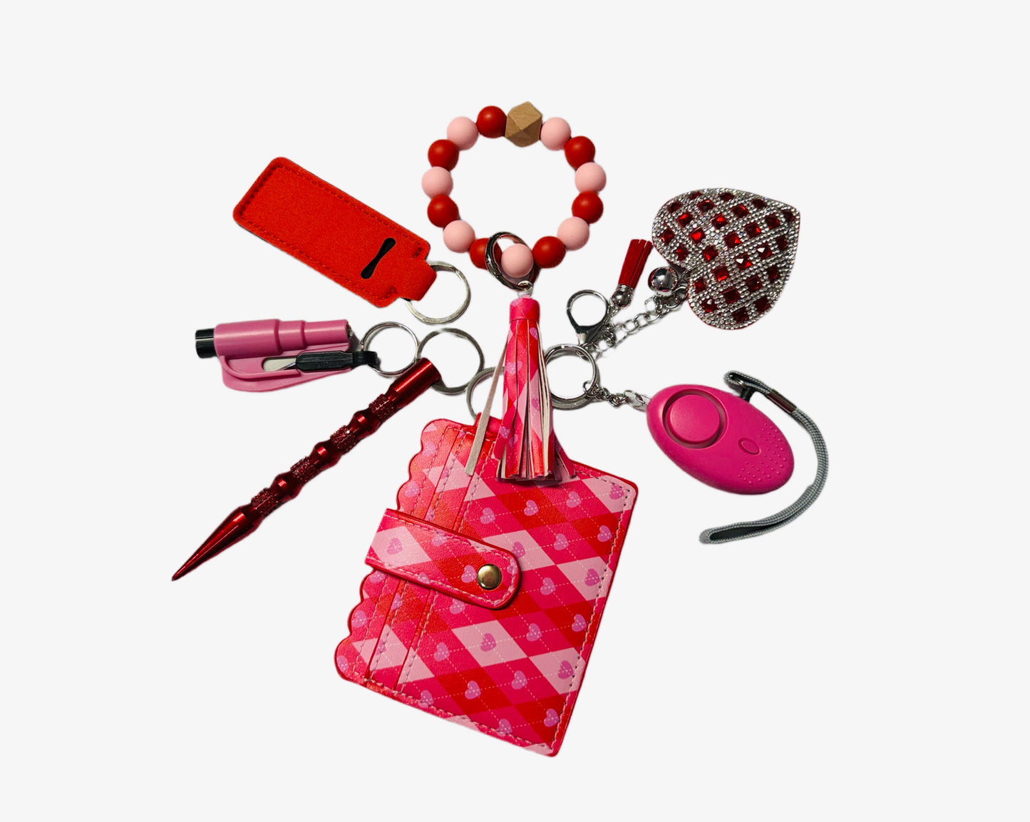 Red &amp; Pink Silicone Bead Wristlet, Matching Heart Diamond Wallet, Bling Red Heart Charm, Seat Belt Cutter, Security Alarm, Chapstick Holder and Bling Kubaton