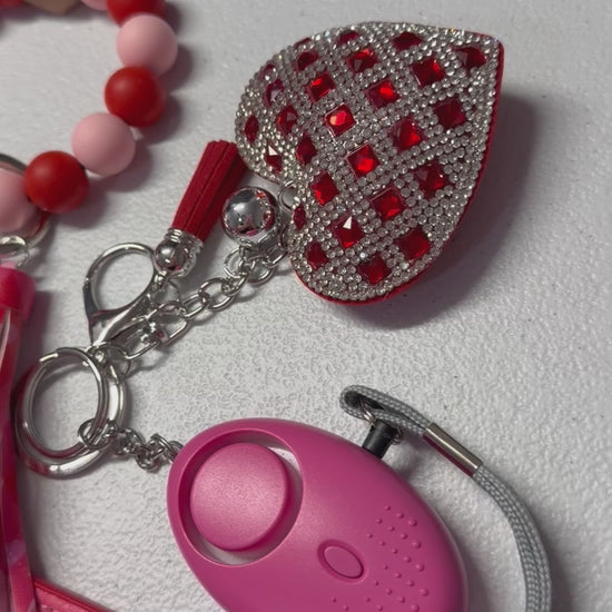 Red &amp; Pink Silicone Bead Wristlet, Matching Heart Diamond Wallet, Bling Red Heart Charm, Seat Belt Cutter, Security Alarm, Chapstick Holder and Bling Kubaton
