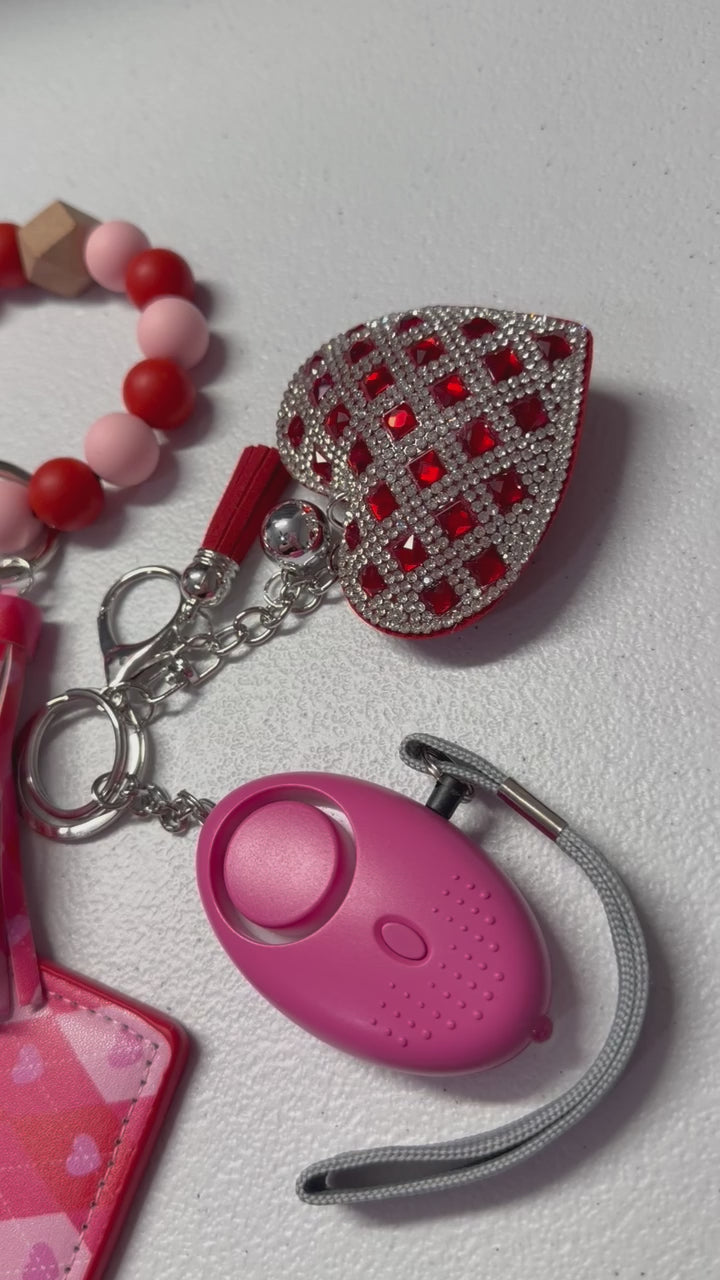 Red &amp; Pink Silicone Bead Wristlet, Matching Heart Diamond Wallet, Bling Red Heart Charm, Seat Belt Cutter, Security Alarm, Chapstick Holder and Bling Kubaton